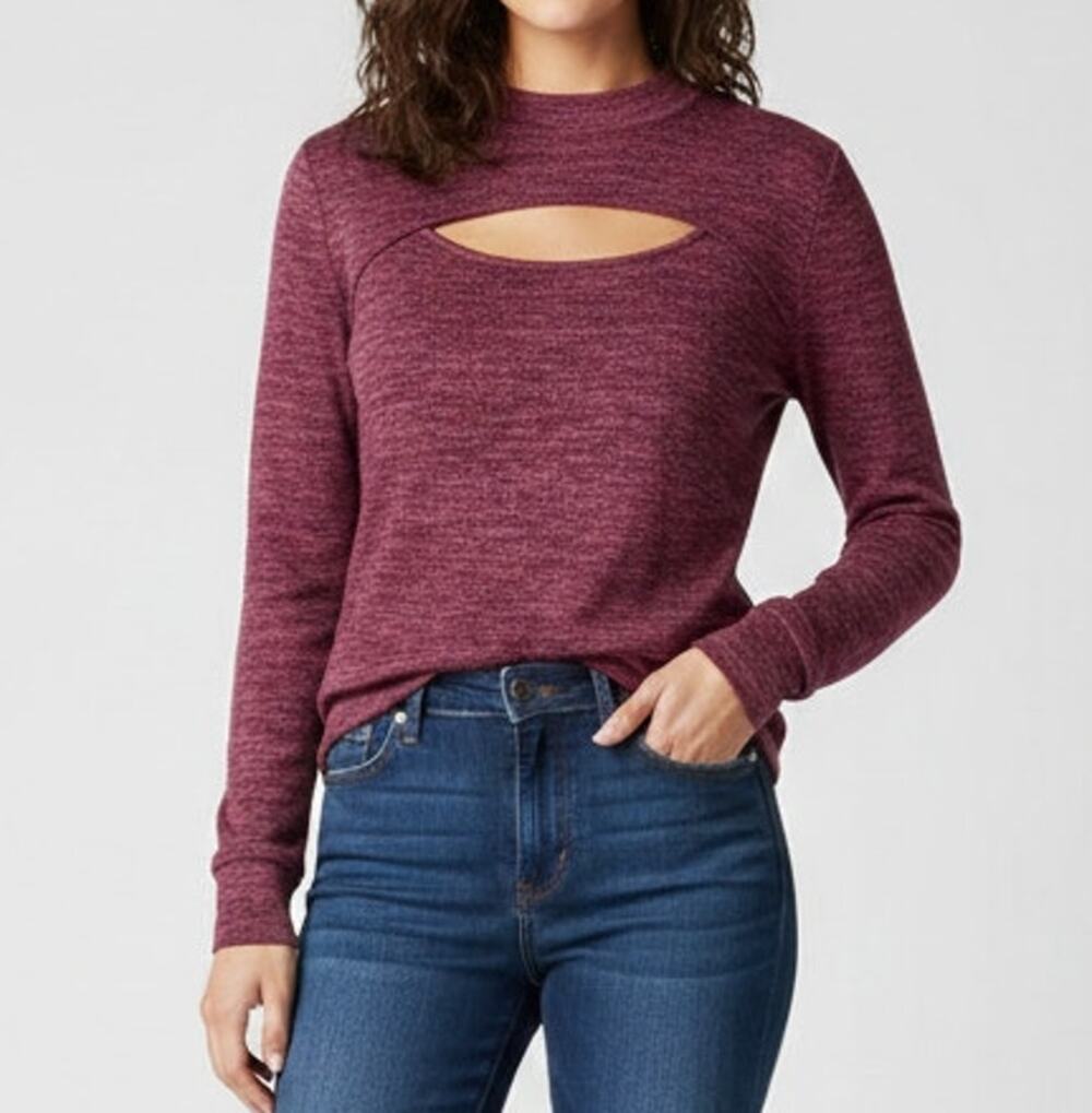 Maurices Medium Marled Magenta Long-sleeved Top with a Triangular Chest Cutout.